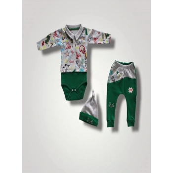 6,9 12,18 18,24 Ay Power Kedi Nakışlı Uzun Kollu Zıbınlı Şapkalı 3lü Kız Erkek Bebek Takımı Yeşil