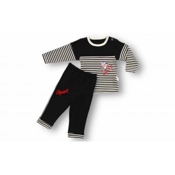 6,9 9,12 12,18 18,24 24,36 Ay Sport Baskılı Çizgili Uzun Kollu Sweatli 2li Erkek Bebek Takımı Siyah