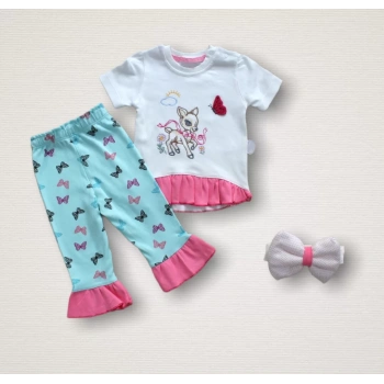 6,9 9,12 12,18 Ay Ceylanın Rüyası Baskılı Bandanalı Kısa Kollu Sweat 3lü Kız Bebek Takımı Mint Yeşili