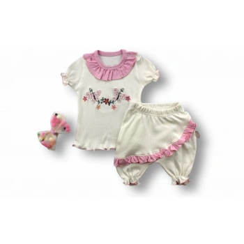 6,9 9,12 12,18 Ay Çiçek Nakışlı Roman Şalvar Bandanalı Kısa Kollu Sweat 3lü Kız Bebek Takımı Pembe