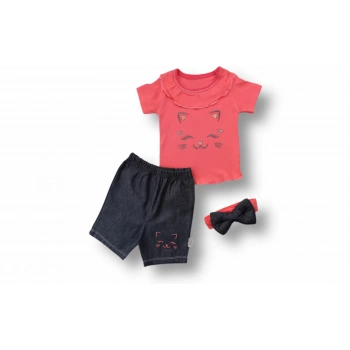6,9 9,12 12,18 Ay Vip Kedi Baskılı Bandanalı Kısa Kollu Sweat 3lü Kız Bebek Takımı Nar Çiçeği