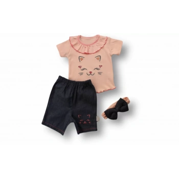 6,9 9,12 12,18 Ay Vip Kedi Baskılı Bandanalı Kısa Kollu Sweat 3lü Kız Bebek Takımı Pudra