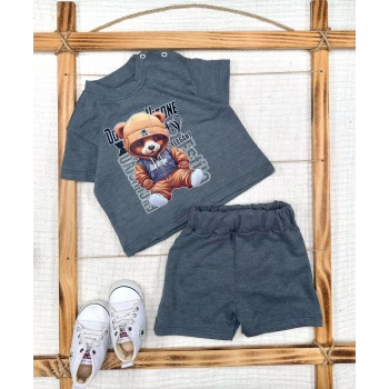 9-12-18-24 Ay Dansçı Ayıcık Baskılı Şortlu Kısa Kollu Tişört 2li Erkek Bebek Takımı
