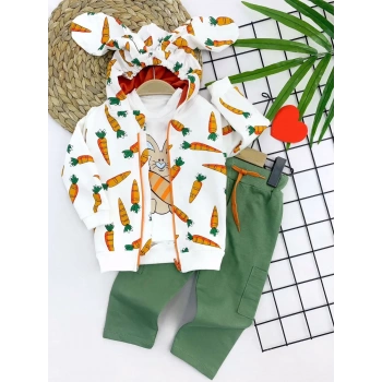 9-12-18-24 Ay Havuçlu Kulaklı Kapşonlu Fermuar Kapamalı 3lü Erkek Bebek Takımı Ekru