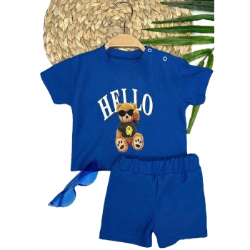 9-12-18-24 Ay Hello Gözlüklü Ayıcık Baskılı Şortlu Kısa Kollu Tişört 2li Erkek Bebek Takımı