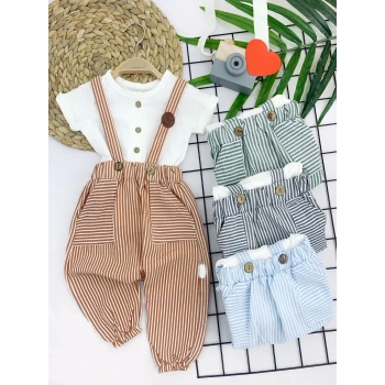 9-12-18-24 Ay Pamuk Keten Cepli Çizgili 2li Erkek Bebek Salopet Takımı Hardal