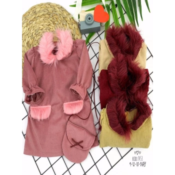 9-12-18-24 Ay Tüylü Yaka Ve Cep Kapaklı Çantalı Fitilli Kadife Uzun Kollu 2li Kız Bebek Elbisesi Bej