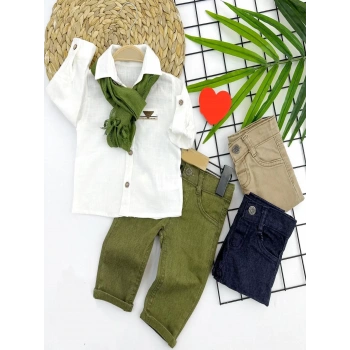 9,12,18,24 Ay Ve 3,4,5 Yaş Fularlı Pamuk Keten Gömlekli Pantolonlu 3lü Erkek Bebek Takımı Yeşil