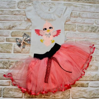 9,12,18 Ay Toka Hediyeli Kuş Desenli Tişört Tütü Etek 2li Kız Bebek Takımı Nar Çiçeği