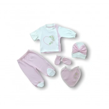 Baharın Çiçekli Kalbi Nakışlı  5li Yenidoğan Zıbın Takımı Hastane Çıkışı Pembe