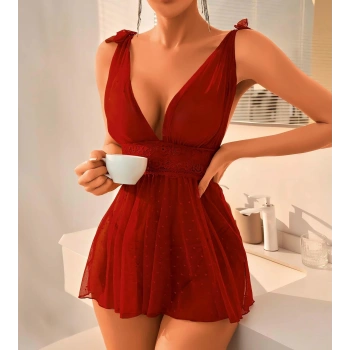 Bordo Dantel İşlemeli Puantiyeli Tül Fantezi Gecelik