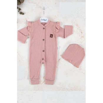 Boydan Düğmeli Şapkalı % 100 Pamuk Kız Bebek Tulumu