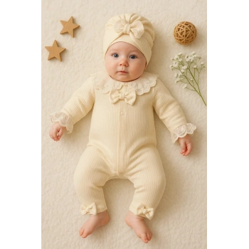 Dantel Yaka Detaylı Şapkalı 2li Kız Bebek Tulum
