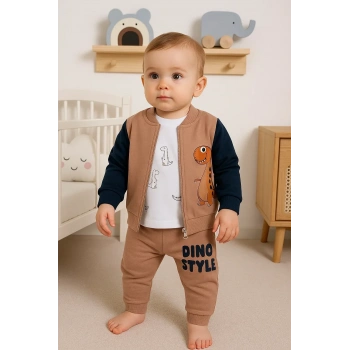 Dinazor Desenli Hırkalı 3lü Erkek Bebek Takım