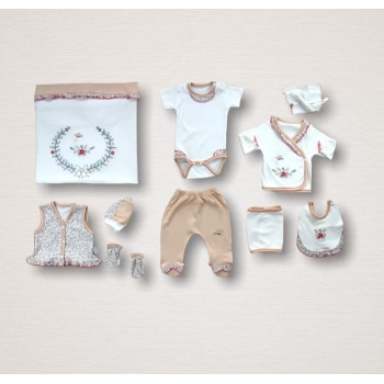 Erguvan Taç Nakışlı  Kız Bebek 10lu Yenidoğan Zıbın Takımı Hastane Çıkışı Nar Çiçeği