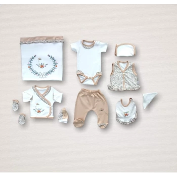 Erguvan Taç Nakışlı  Kız Bebek 10lu Yenidoğan Zıbın Takımı Hastane Çıkışı Turuncu