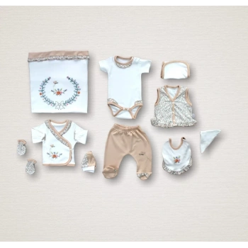 Erguvan Taç Nakışlı  Kız Bebek 10lu Zıbın Takımı Hastane Çıkışı Turuncu