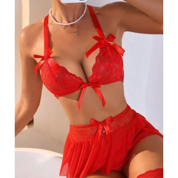 Fantazi Kırmızı Dantelli Fiyonklu Seksi Babydol