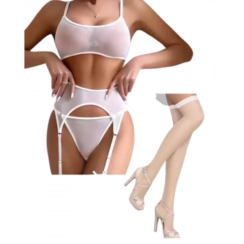 Fantezi Beyaz Transparan Tül Jartiyer Takımı