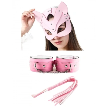 Fantezi Deri Seksi Pembe Kedi Maske Kelepçe Kırbaç Seti ( 3lü Set)