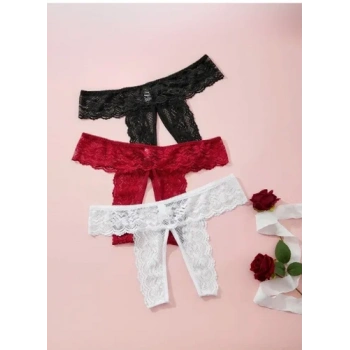 Fantezi Kadın 3lü Özel Bölgeleri Açık Dantelli Tanga Seti