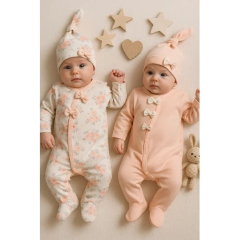 Fiyonklu Çiçek Desenli Kız Bebek 4lü Tulum Seti %100 Pamuk
