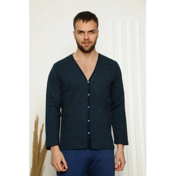 Giyim ERKEK %100 PAMUK ÖNDEN DÜĞMELİ CEPLİ UZUN KOLLU PİJAMA TAKIMI LACİVERT