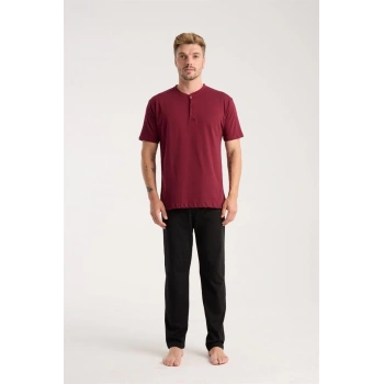 Giyim ERKEK BORDO DÜĞMELİ YAKA KISA KOL PİJAMA TAKIMI