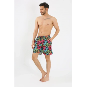 Giyim ERKEK DESENLİ FERMUAR CEPLİ DENİZ ŞORTU SİYAH