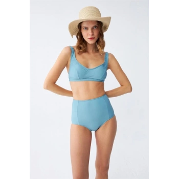 Giyim KADIN BASİC TURKUAZ PEDLİ YÜKSEK BEL BİKİNİ TAKIMI