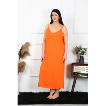 Giyim KADIN BÜYÜK BEDEN İP ASKILI PAMUKLU TURUNCU UZUN GECELİK