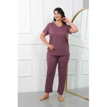 Giyim KADIN BÜYÜK BEDEN KISA KOL PENYE PİJAMA TAKIMI MÜRDÜM