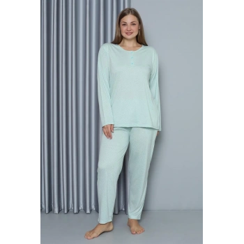 Giyim KADIN BÜYÜK BEDEN PENYE UZUN KOL PİJAMA TAKIM SU YEŞİLİ