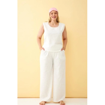 Giyim KADIN EKRU KETEN JAKARLI BÜYÜK BEDEN ALT ÜST TAKIM