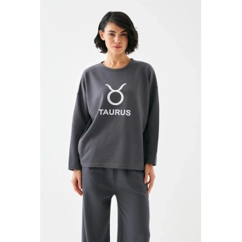 Giyim KADIN FÜME BOĞA BURCU OVERSİZE 2 İPLİK EŞOFMAN EV GİYİM TAKIMI