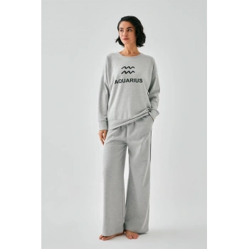 Giyim KADIN GRİ KOVA BURCU OVERSİZE 2 İPLİK EŞOFMAN EV GİYİM TAKIMI