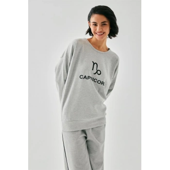 Giyim KADIN GRİ OĞLAK BURCU OVERSİZE 2 İPLİK EŞOFMAN EV GİYİM TAKIMI