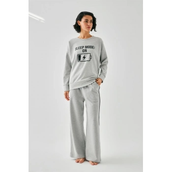 Giyim KADIN GRİ SLEEP MODE ON OVERSİZE 2 İPLİK EŞOFMAN EV GİYİM TAKIMI