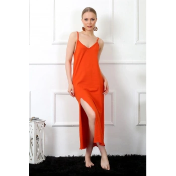 Giyim KADIN İP ASKILI TURUNCU UZUN GECELİK