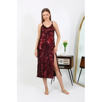 Giyim KADIN İP ASKILI UZUN PARLAK MİCRO ELBİSE GECELİK BORDO