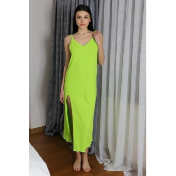 Giyim KADIN İP ASKILI UZUN YIRTMAÇLI PAMUK PENYE GECELİK YEŞİL