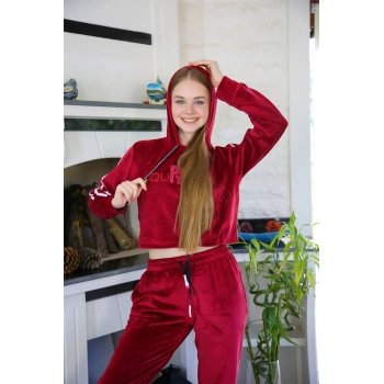 Giyim KADIN KADİFE KAPŞONLU EŞOFMAN TAKIM BORDO