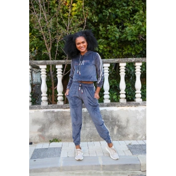 Giyim KADIN KADİFE KAPŞONLU EŞOFMAN TAKIM GRİ