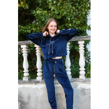 Giyim KADIN KADİFE KAPŞONLU EŞOFMAN TAKIM LACİVERT