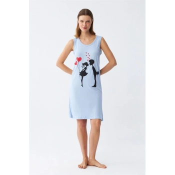 Giyim KADIN KALIN ASKILI PENYE DİZ ÜSTÜ MAVİ GECELİK