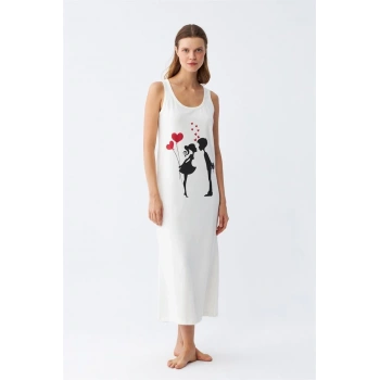 Giyim KADIN KALIN ASKILI PENYE UZUN EKRU GECELİK