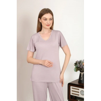 Giyim KADIN KISA KOL PAMUK PENYE PİJAMA TAKIM PUDRA