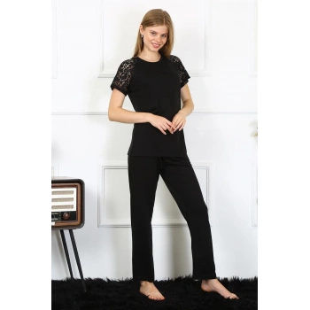 Giyim KADIN KOLU DANTELLİ PENYE PİJAMA TAKIM SİYAH