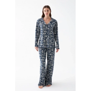 Giyim KADIN LACİVERT “PARİS” YAZI DESENLİ DÜĞMELİ PAMUKLU PİJAMA TAKIMI