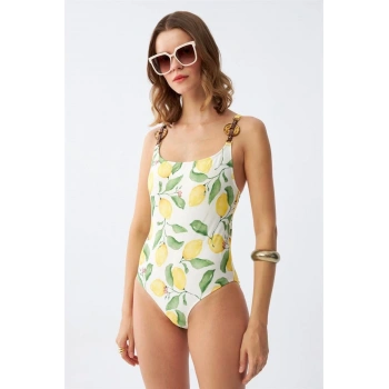 Giyim KADIN LİMON DESENLİ AKSESUAR ASKILI TEK PARÇA MAYO – EKRU